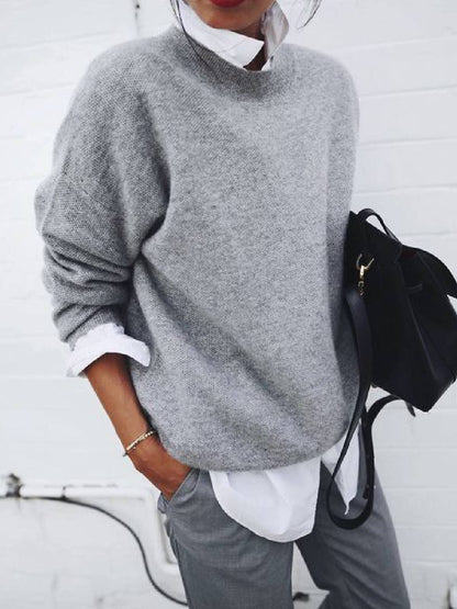 Damen Rundhalspullover Strickmischung Kuschelig Grau