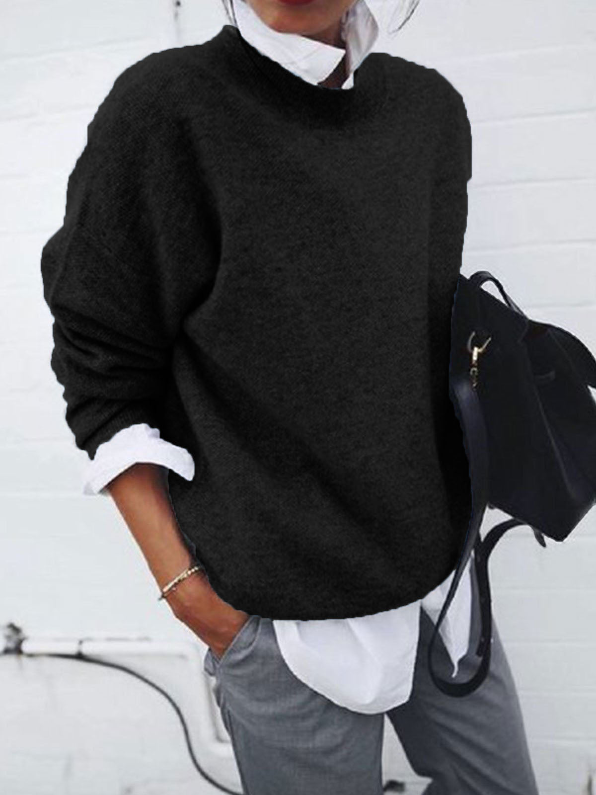Damen Rundhalspullover Strickmischung Kuschelig Grau