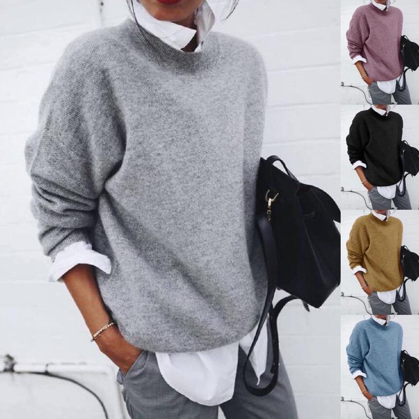 Damen Rundhalspullover Strickmischung Kuschelig Grau - Eveloria