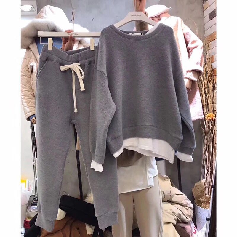 Damen Freizeitsport-Set Oversized-Pullover Jogginghosen Grau