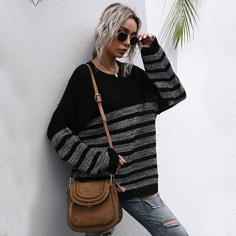 Damen Strickpullover Lässig Streifenmuster Weite Passform Beige