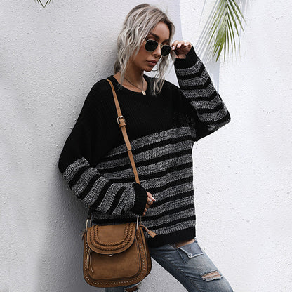 Damen Strickpullover Lässig Streifenmuster Weite Passform Beige