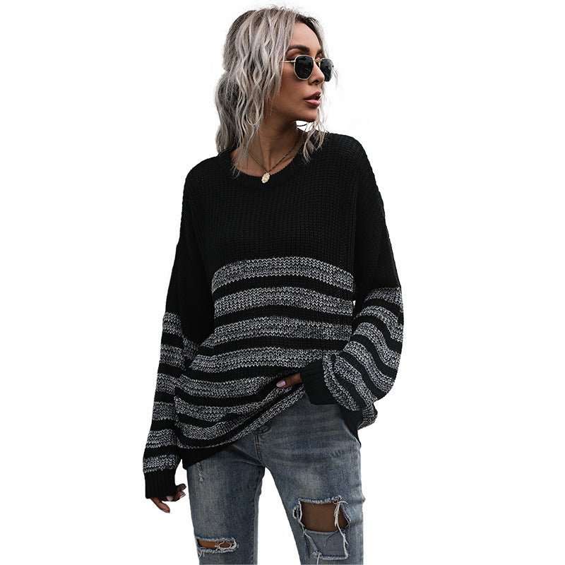 Damen Strickpullover Lässig Streifenmuster Weite Passform Beige