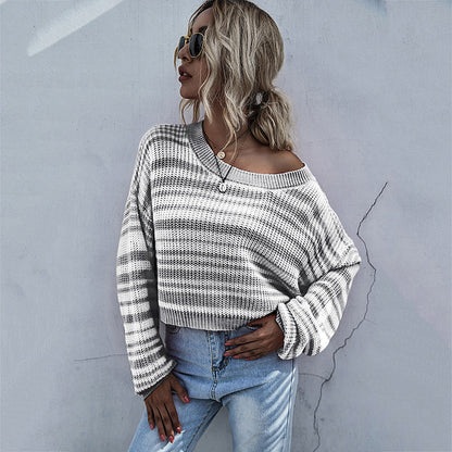 Damen Strickpullover Weit Schnitt Streifenmuster Beige Eveloria