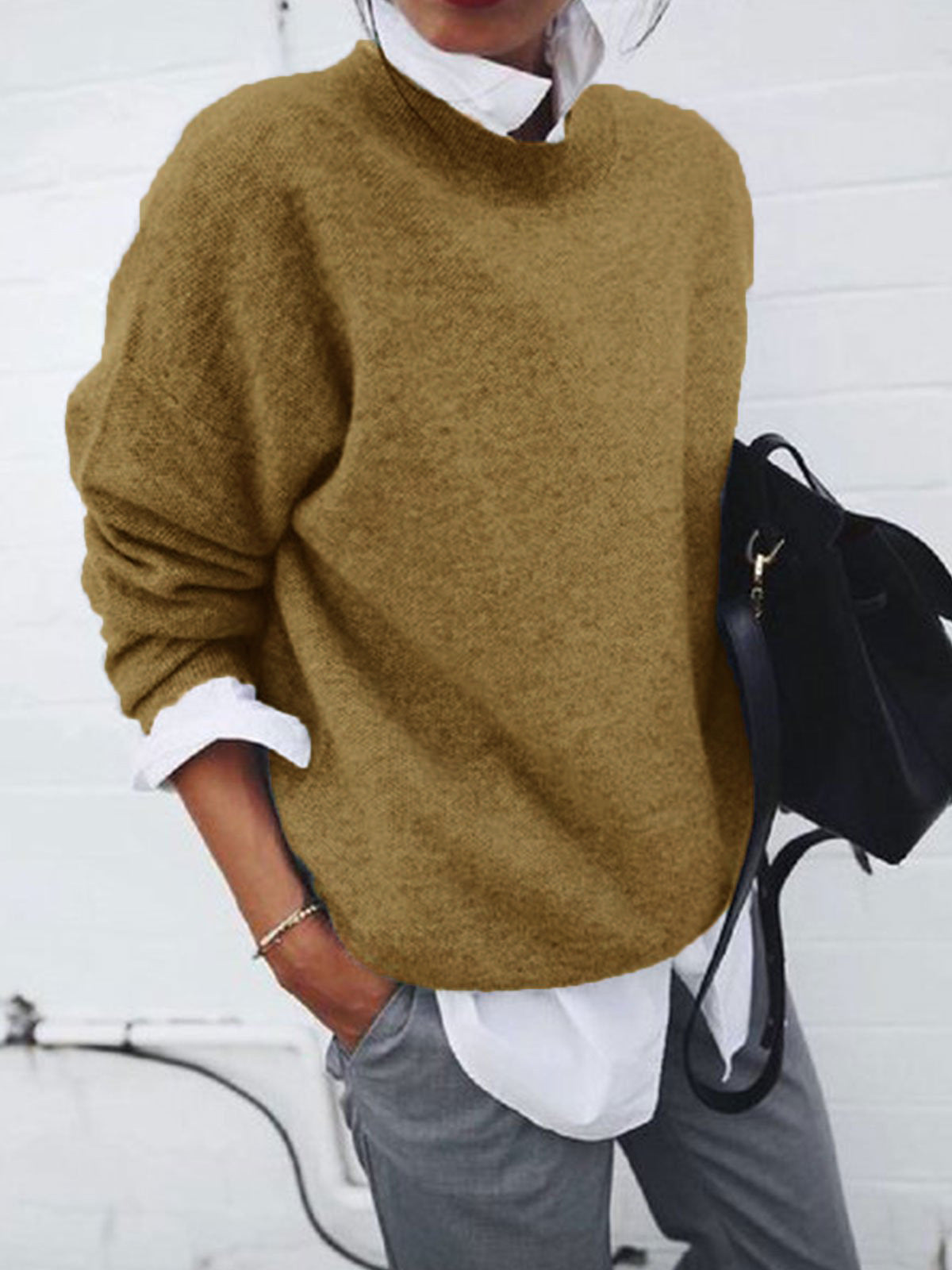 Damen Rundhalspullover Strickmischung Kuschelig Grau