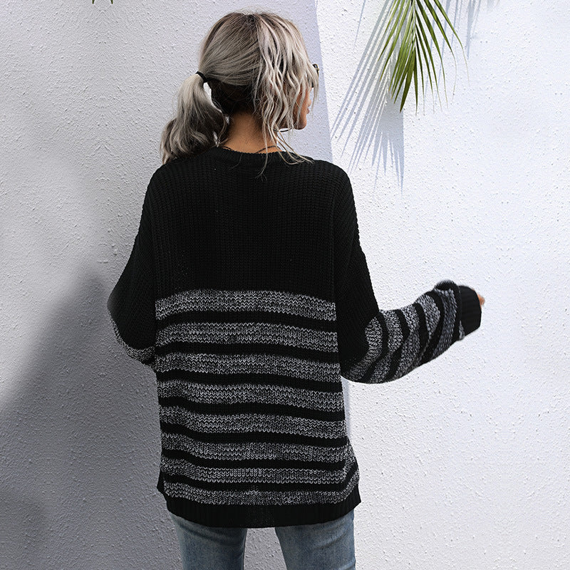 Damen Strickpullover Lässig Streifenmuster Weite Passform Beige
