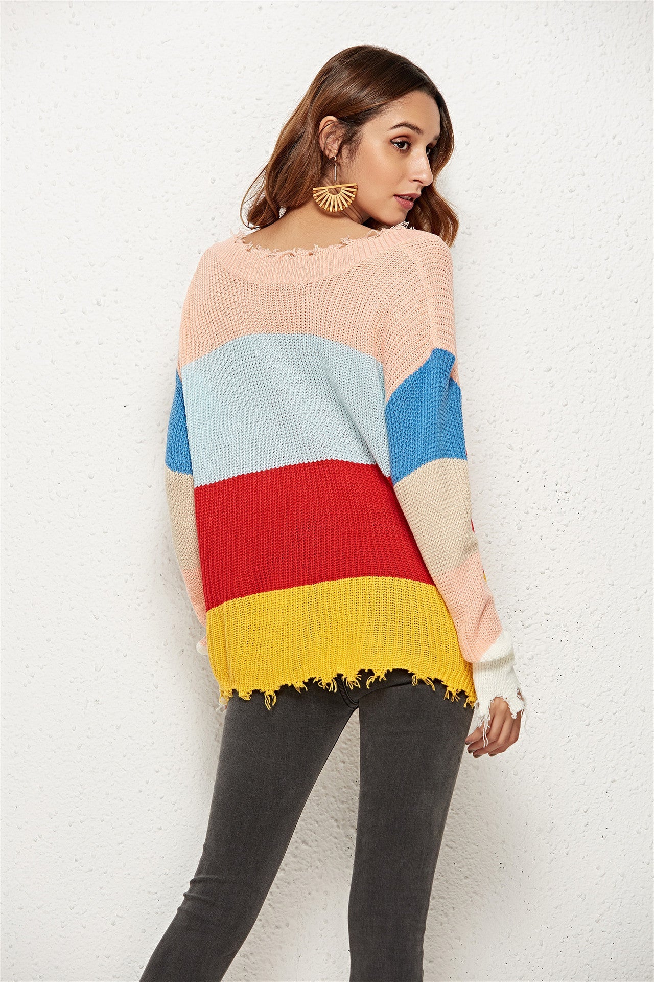 Damen Strickpullover Lässig V-Ausschnitt Streifenmuster