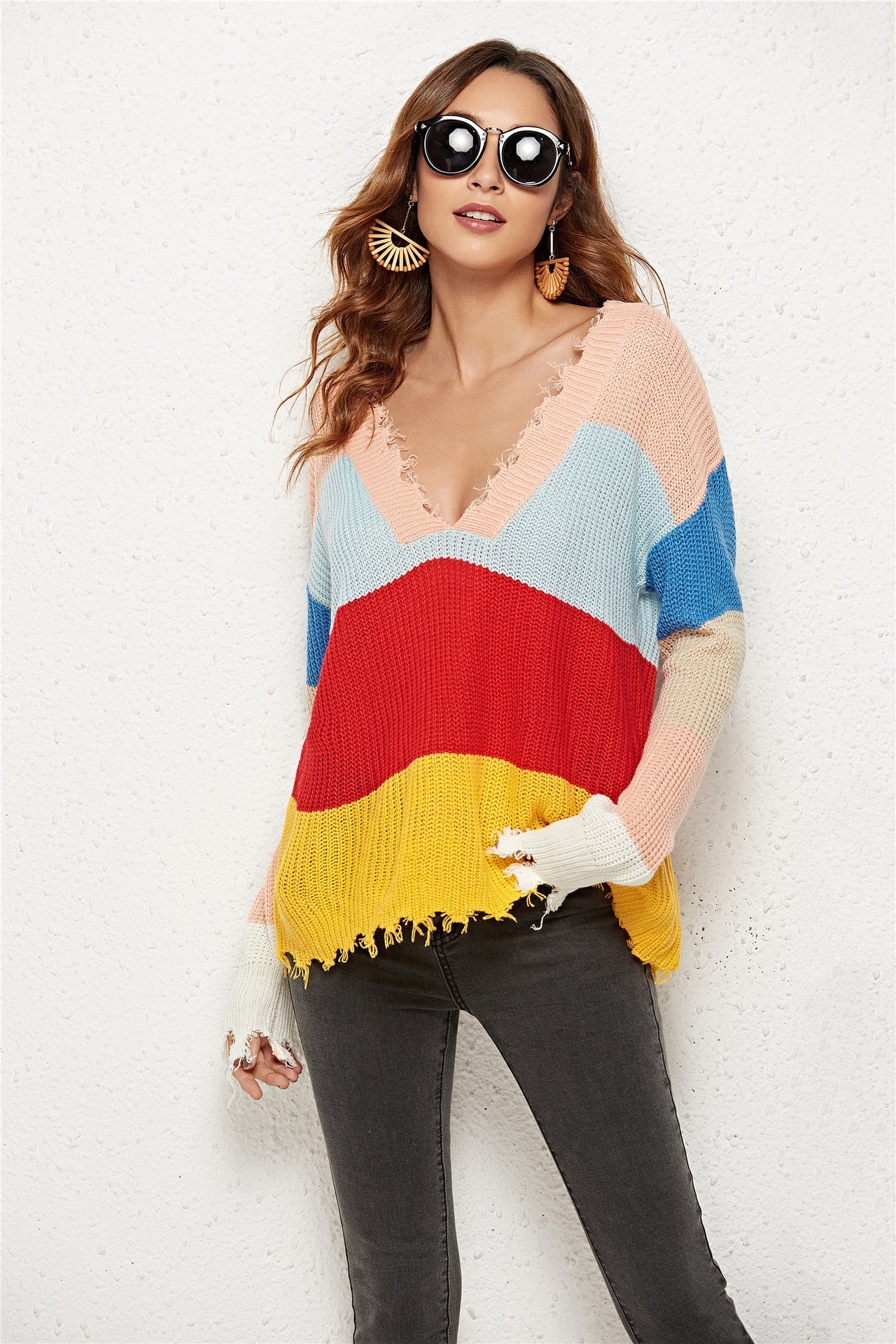 Damen Strickpullover Lässig V-Ausschnitt Streifenmuster