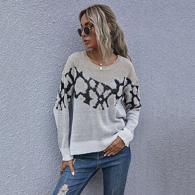 Damen Strickpullover Animalmuster Lässig Grau