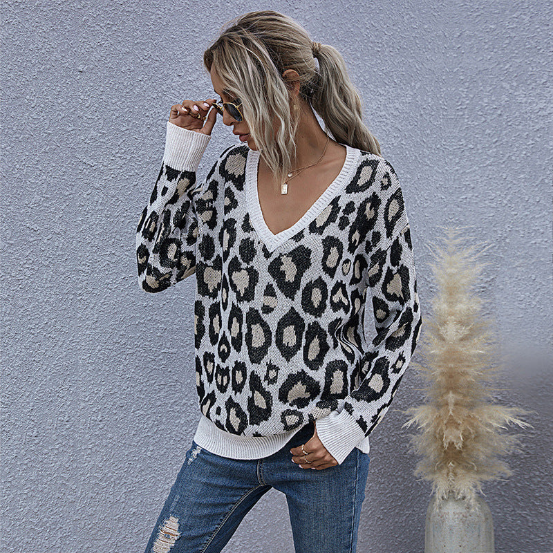 Damen Pullover Leopardenmuster V-Ausschnitt
