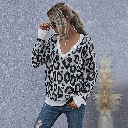 Damen Pullover Leopardenmuster V-Ausschnitt