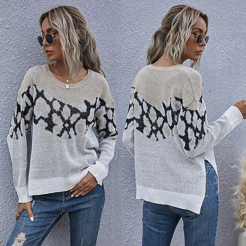 Damen Strickpullover Animalmuster Lässig Grau