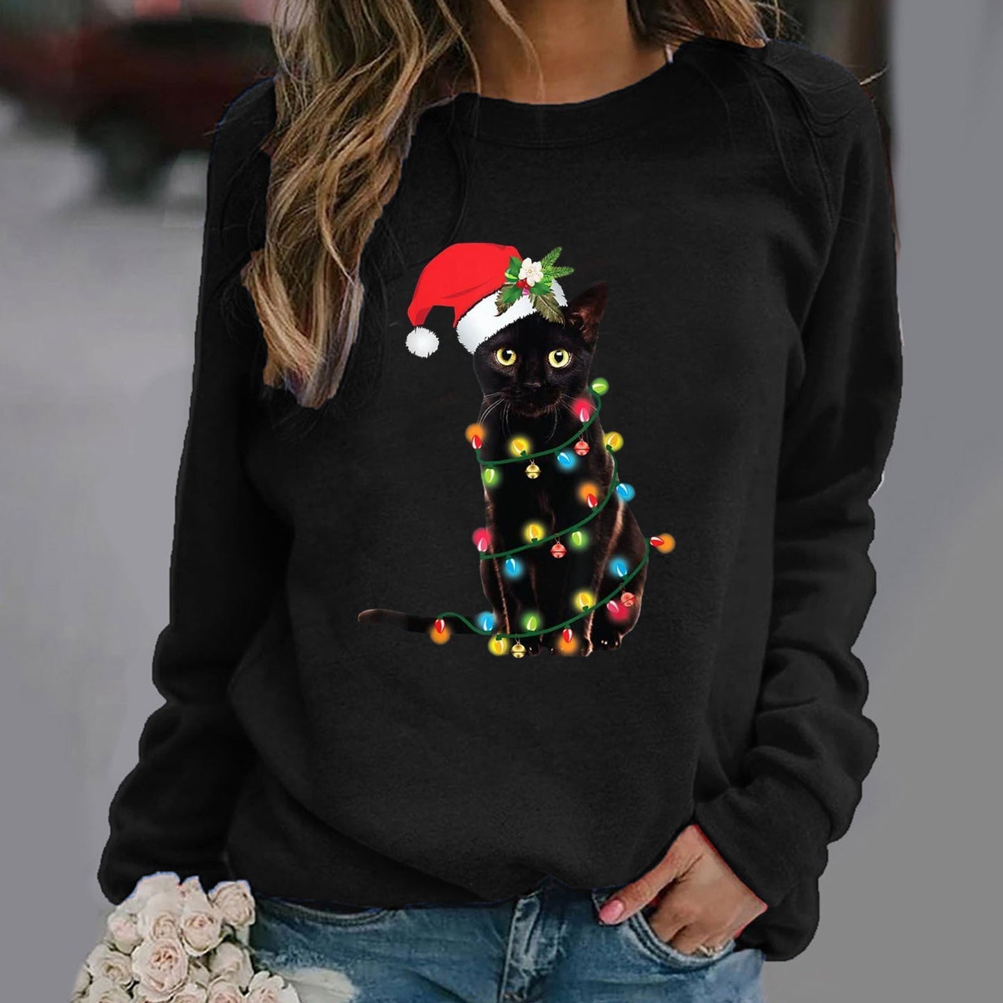 Eveloria Damen Sweatshirt Baumwolle Mischung Rundhals Langarm Grau