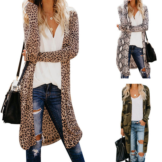 Damen Cardigan Leopardenmuster Offener Schnitt Lang - Eveloria