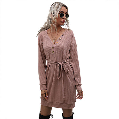 Damen Strickkleid mit Knöpfen und Bindegürtel Eveloria
