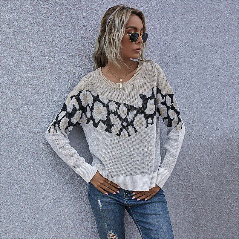 Damen Strickpullover Animalmuster Lässig Grau - Eveloria