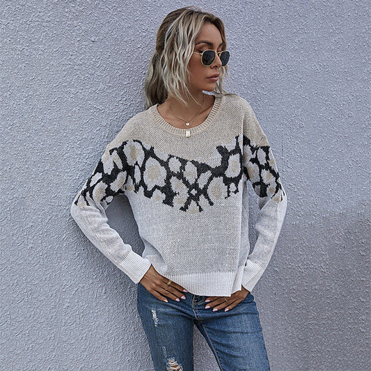 Damen Strickpullover Animalmuster Lässig Grau - Eveloria