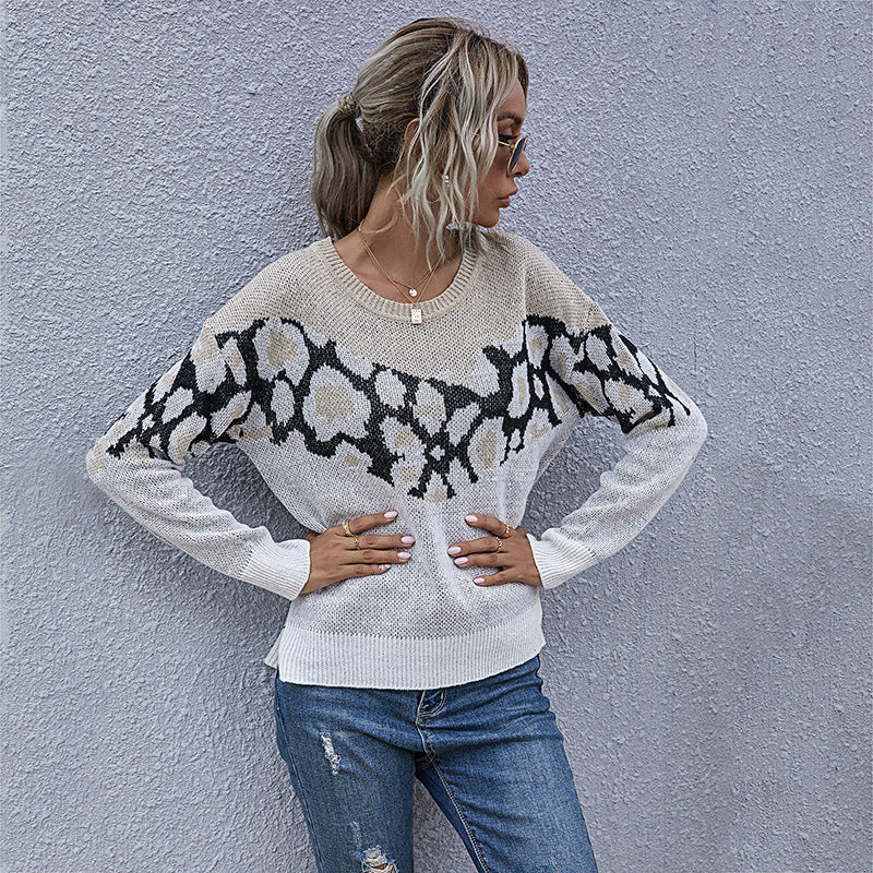 Damen Strickpullover Animalmuster Lässig Grau