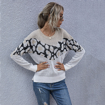 Damen Strickpullover Animalmuster Lässig Grau