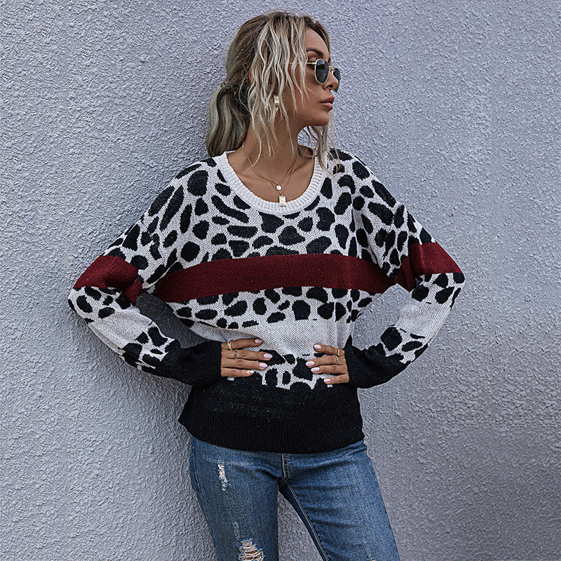 Damen Pullover Lässig Leo-Muster Blockstreifen