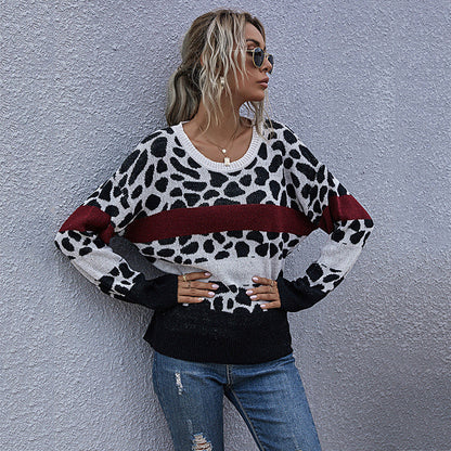 Damen Pullover Lässig Leo-Muster Blockstreifen