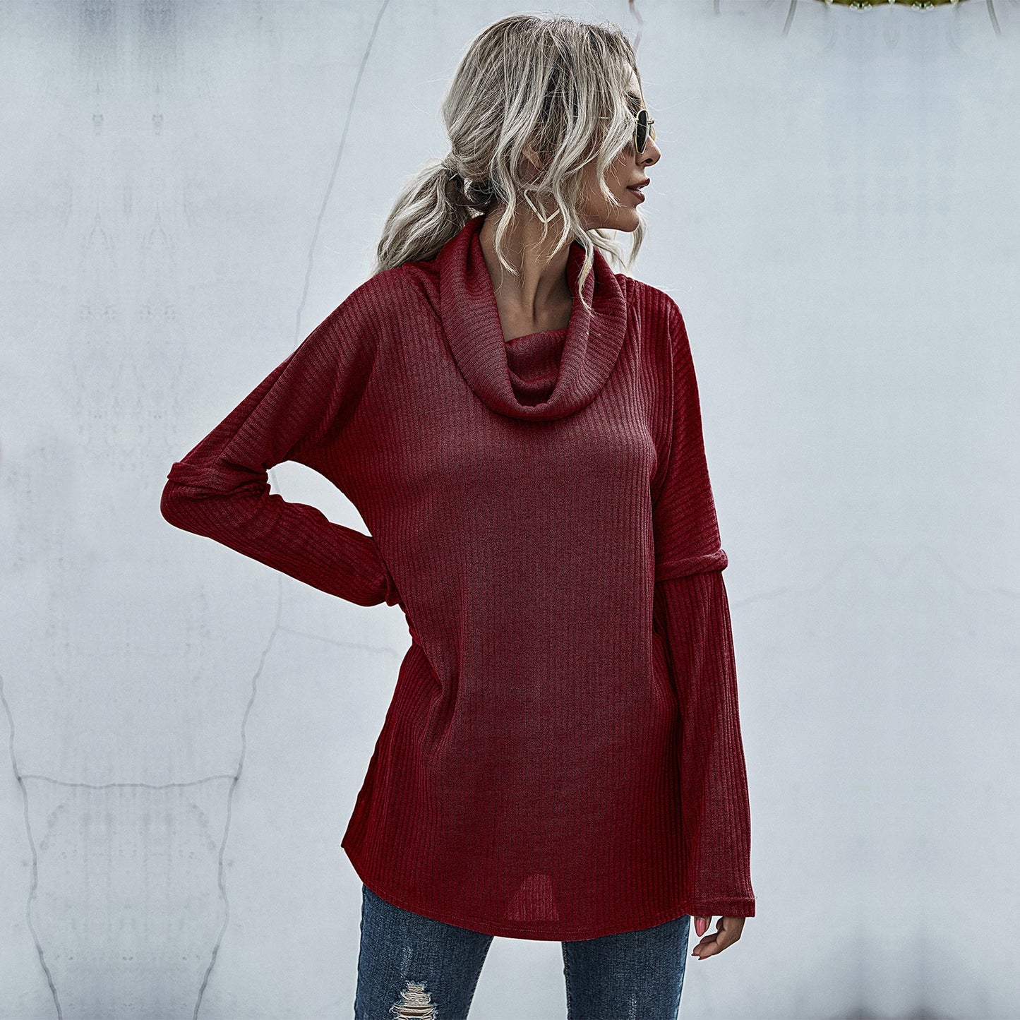 Damen Pullover Lässig Weiter Kragen Strukturiert Beige Eveloria