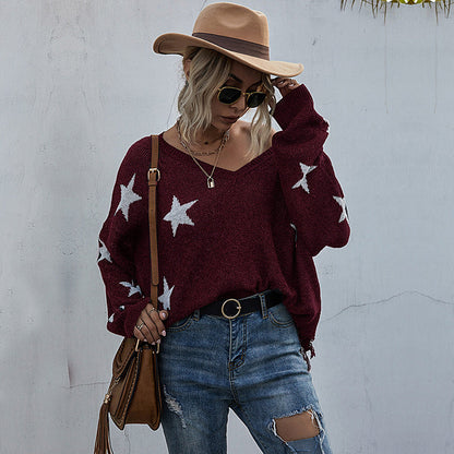 Damen Oversize Pullover Sternenmuster V-Ausschnitt