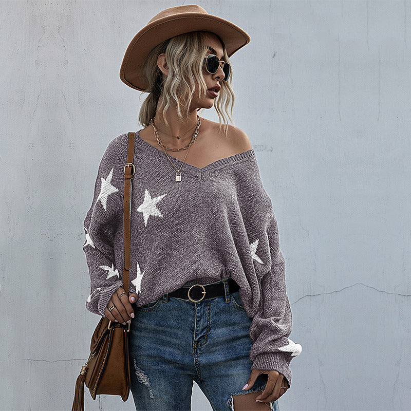 Damen Oversize Pullover Sternenmuster V-Ausschnitt