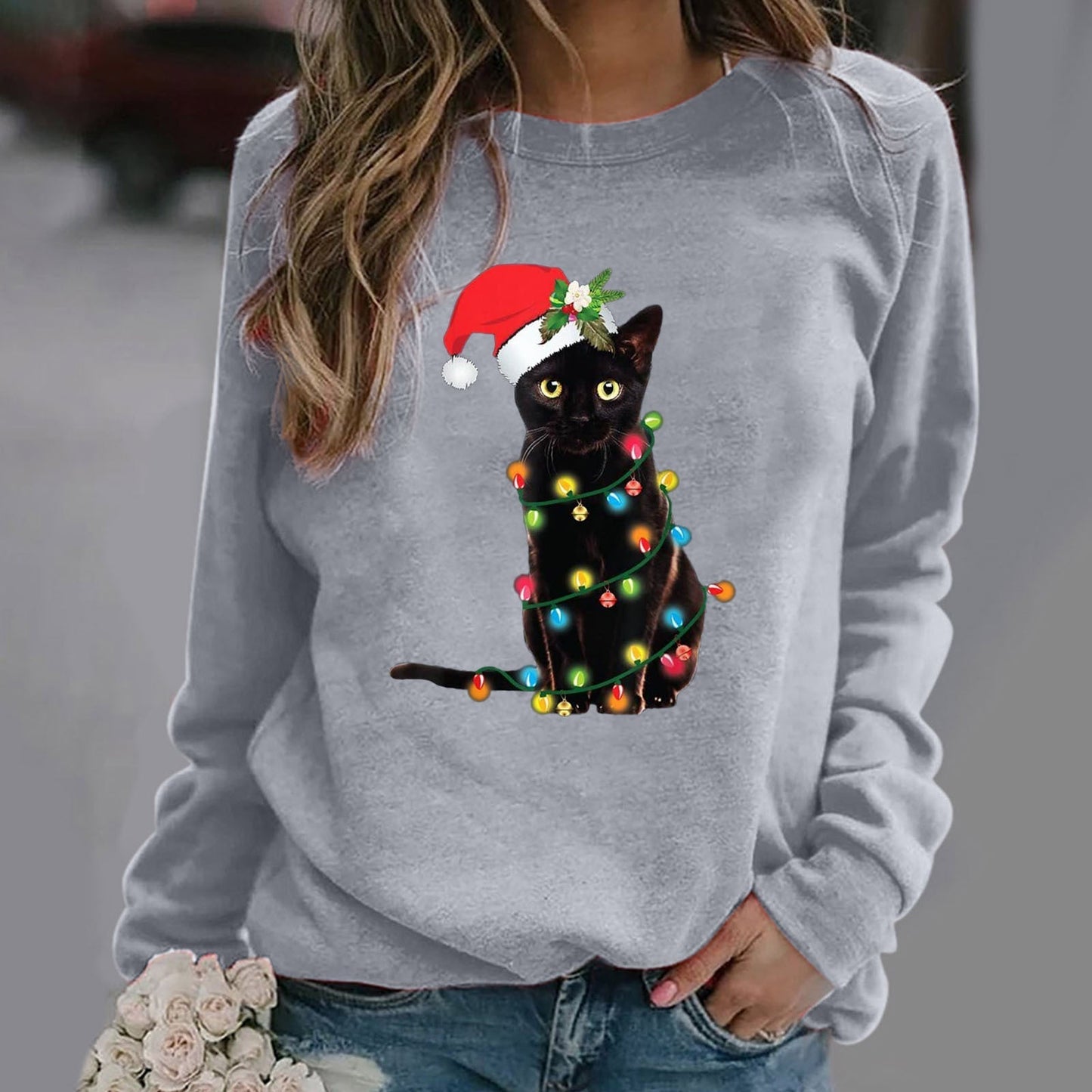 Eveloria Damen Sweatshirt Baumwolle Mischung Rundhals Langarm Grau