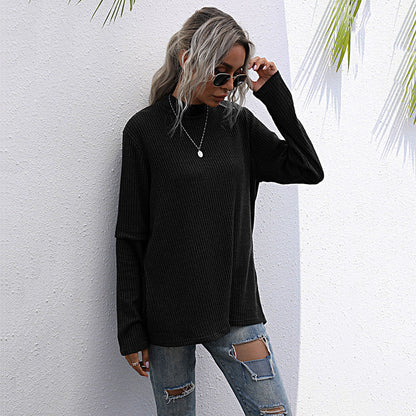 Damen Pullover Hochkragen Strukturiertes Waffelmuster Grau Eveloria