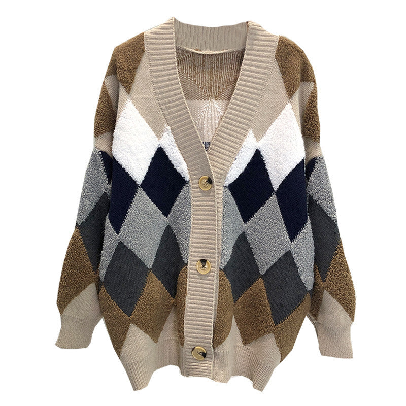 Damen Grobstrickjacke Rautenmuster Komfortschnitt
