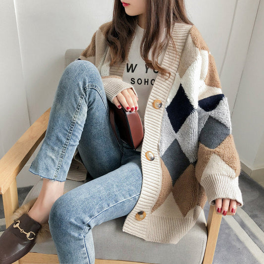Damen Grobstrickjacke Rautenmuster Komfortschnitt - Eveloria