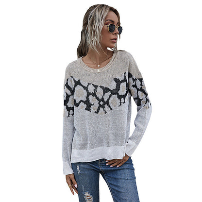 Damen Strickpullover Animalmuster Lässig Grau