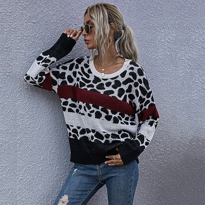Damen Pullover Lässig Leo-Muster Blockstreifen