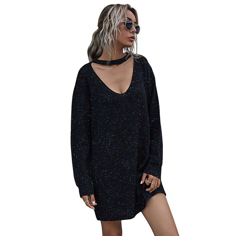 Damen Strickkleid V-Ausschnitt Modischer Gürtel Eveloria