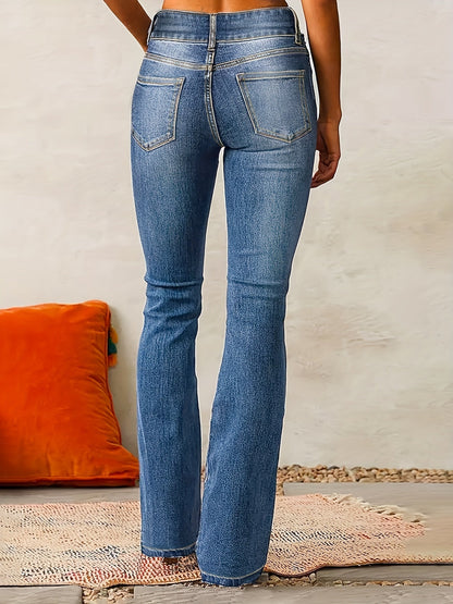 Damen Hochtaillierter Schlagjeans Doppelknopf Verschluss