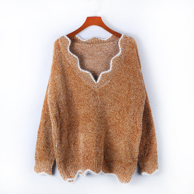 Damen Strickpulli V-Ausschnitt Weich Welliger Saum Beige