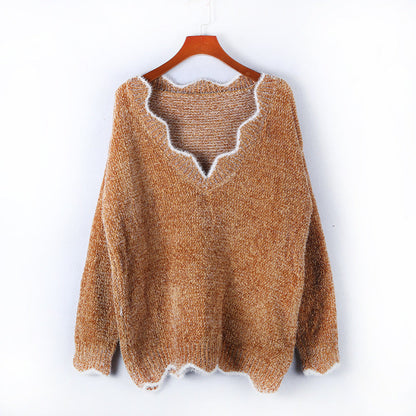 Damen Strickpulli V-Ausschnitt Weich Welliger Saum Beige