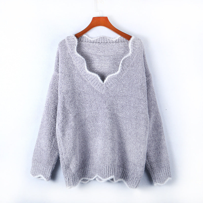 Damen Strickpulli V-Ausschnitt Weich Welliger Saum Beige