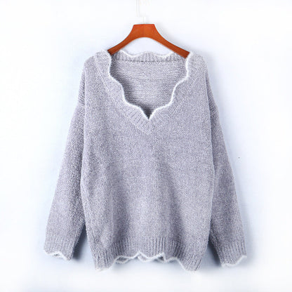 Damen Strickpulli V-Ausschnitt Weich Welliger Saum Beige