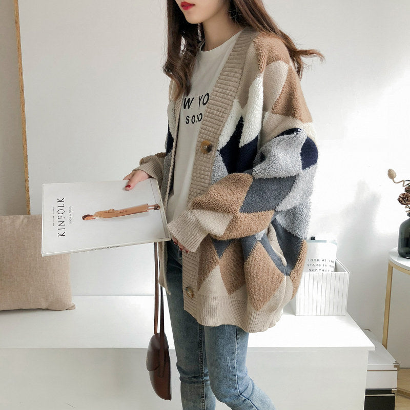 Damen Grobstrickjacke Rautenmuster Komfortschnitt