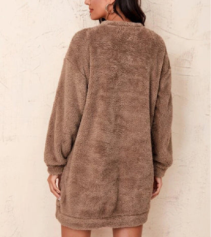 Damen Fleece-Kleid Hochkragen Voluminöse Ärmel Grau Eveloria