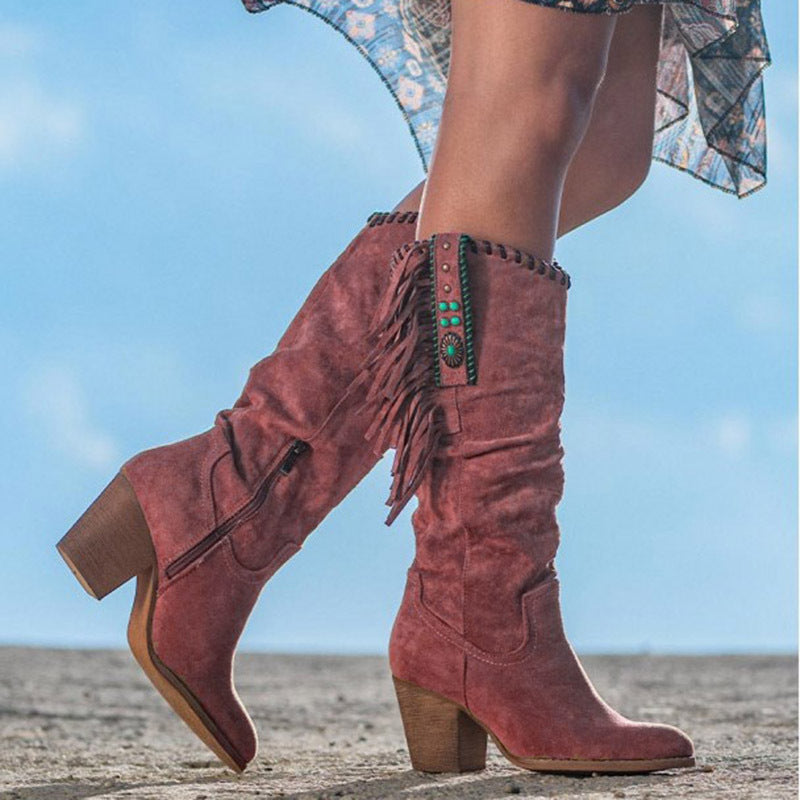 Eveloria Damen Kniehohe Stiefel Kunstwildleder Westernstil Schwarz - Eveloria