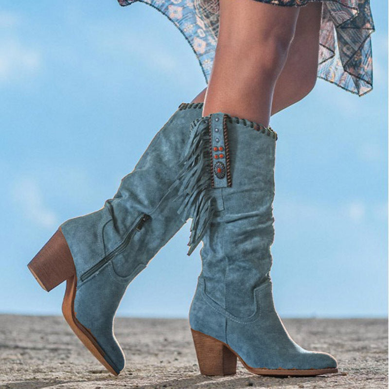 Eveloria Damen Kniehohe Stiefel Kunstwildleder Westernstil
