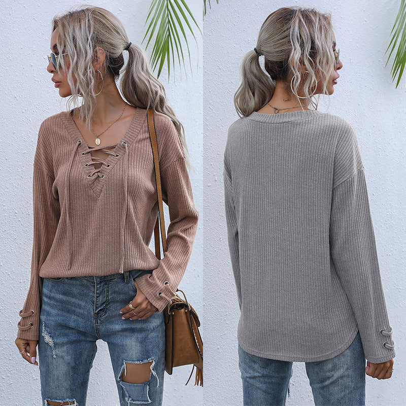 Damen Pullover Lässig Schnürung Locker Grün Eveloria
