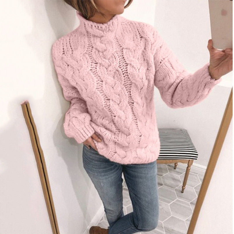 Damen Strickpullover Zopfmuster Hochkragen Eveloria