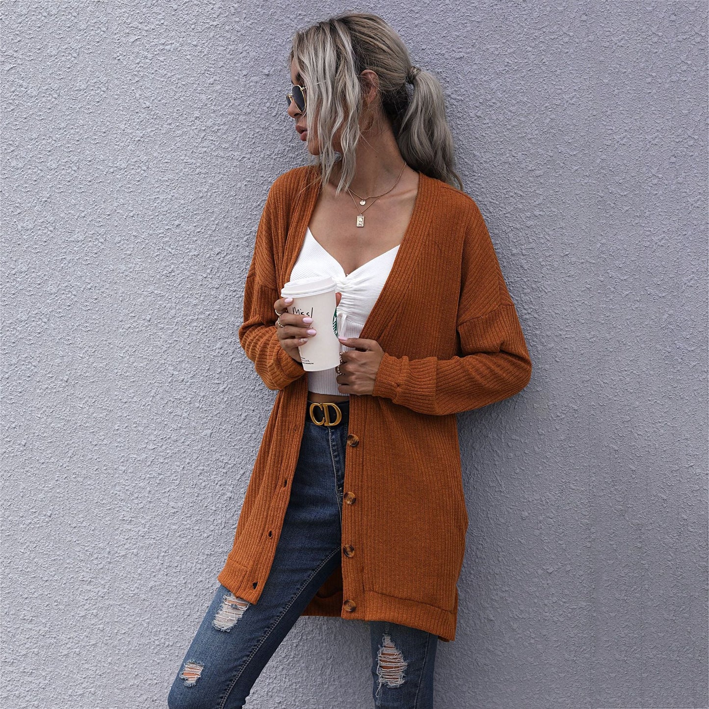 Damen Strickjacke Lässiger Schnitt V-Ausschnitt