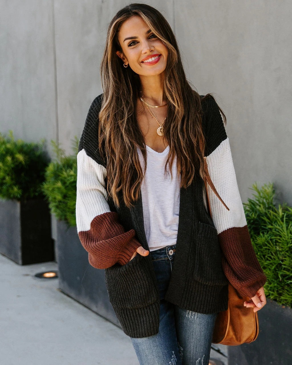 Damen Strickjacke Lässiger Schnitt Mit Taschen Beige