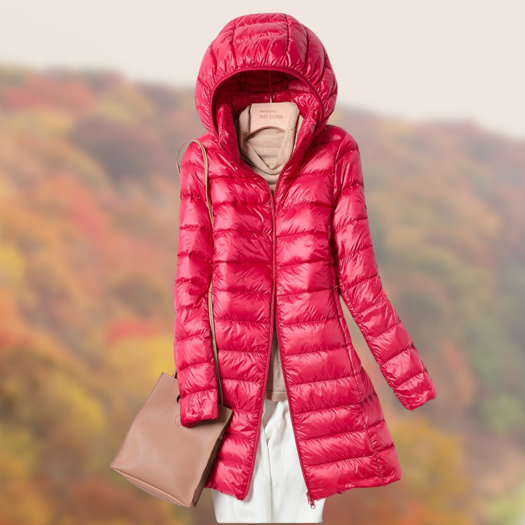 Damen Steppjacke Lang Glänzend Mit Kapuze