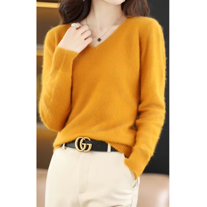Damen Pullover V-Ausschnitt Leichter Weicher Strick